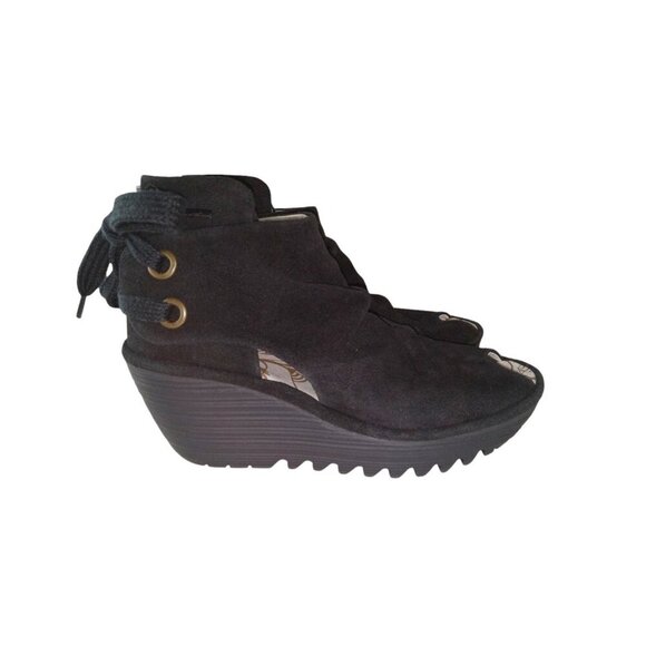 Fly London Yema Booties Women's Size 7.5 Black Suede Peep Toe Heel Tie Wedge - Picture 1 of 10